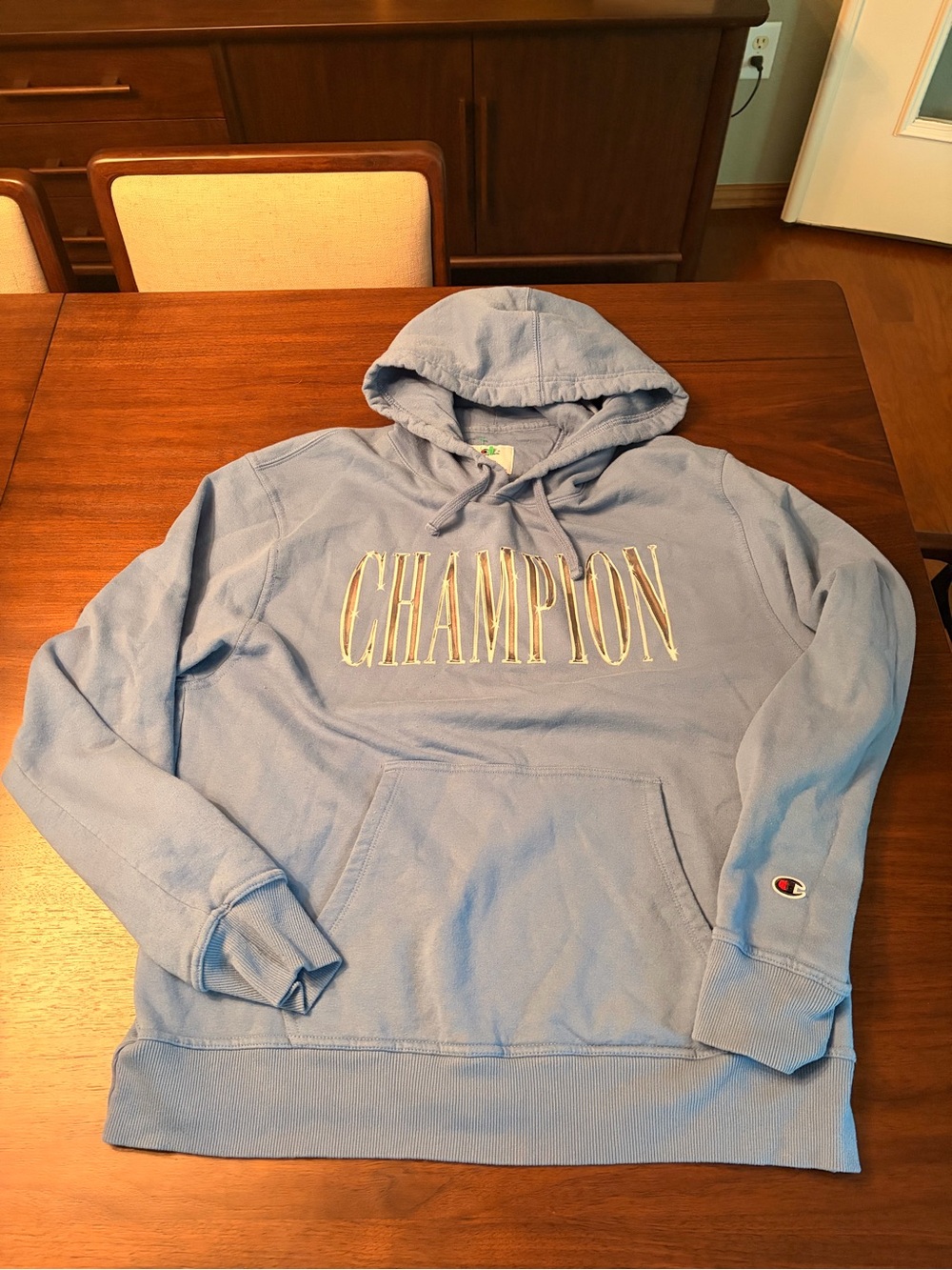 Champion Light Blue Pullover Hoodie with Embroidered Logo